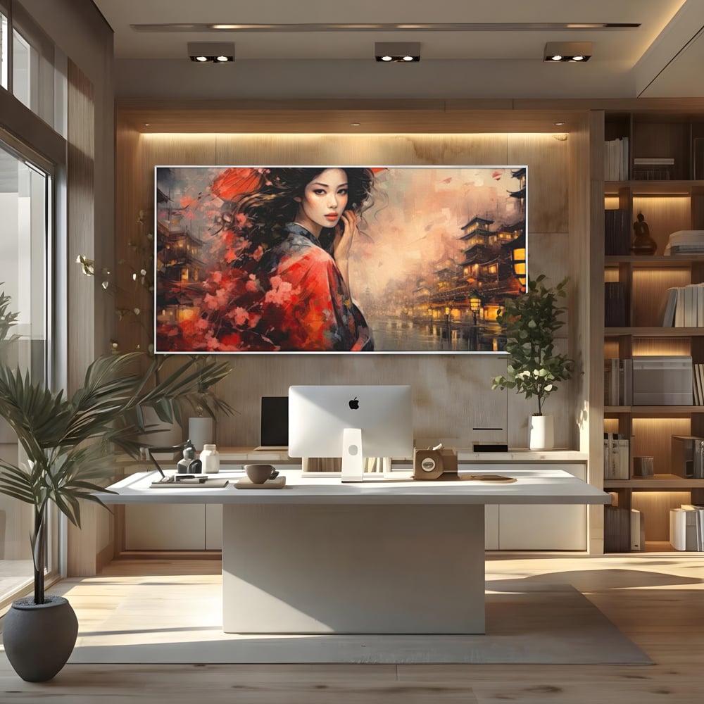 Tablou canvas cu tablou canvas cu gheisa in kyoto, in rama de aluminiu argintiu, pe perete intr-un birou